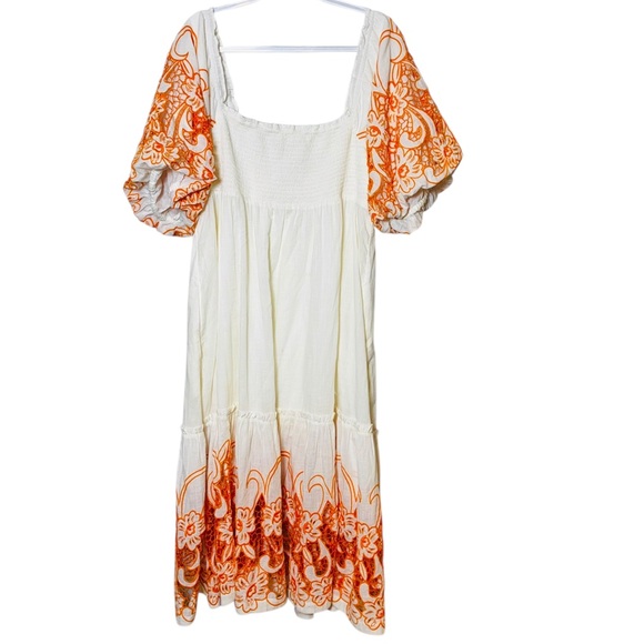 Anthropologie Tina Puff-Sleeved Orange Embroidered on Cream/Ivory Maxi Dress - Picture 5 of 8